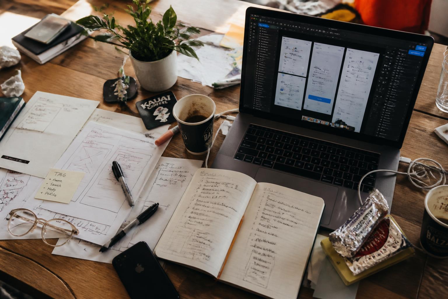 A messy, lived-in agency workdesk with a laptop, wireframe sketches, coffee cups, notebooks, glasses, and scattered pens